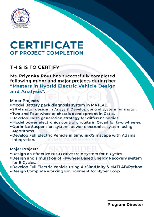 Skyyrider Master Certification Program on Hybrid Electric Vehicle Project Certificate