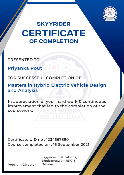 Skyyrider Master Certification Program on Hybrid Electric Vehicle Course Completion Certificate