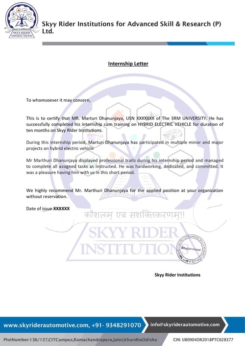 Skyyrider Master Certification Program on Hybrid Electric Vehicle Internship Certificate