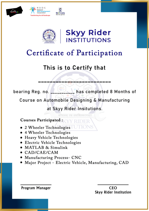 Skyyrider PG Diploma in Automotive Designing & Manufacturing Certificate of Participation