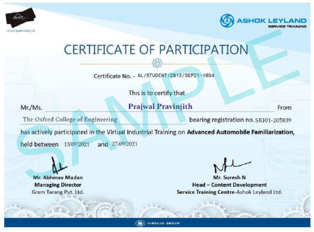 Skyyrider Industrial Training Certificate From Ashok Leyland
