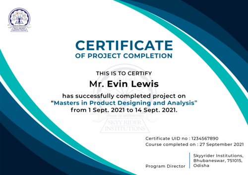 Skyyrider institute Master Program in Product Designing & Analysis  Project Certificate