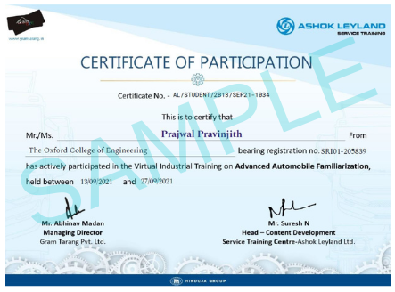 Sample Industrial training Certificate from Ashok Leyland